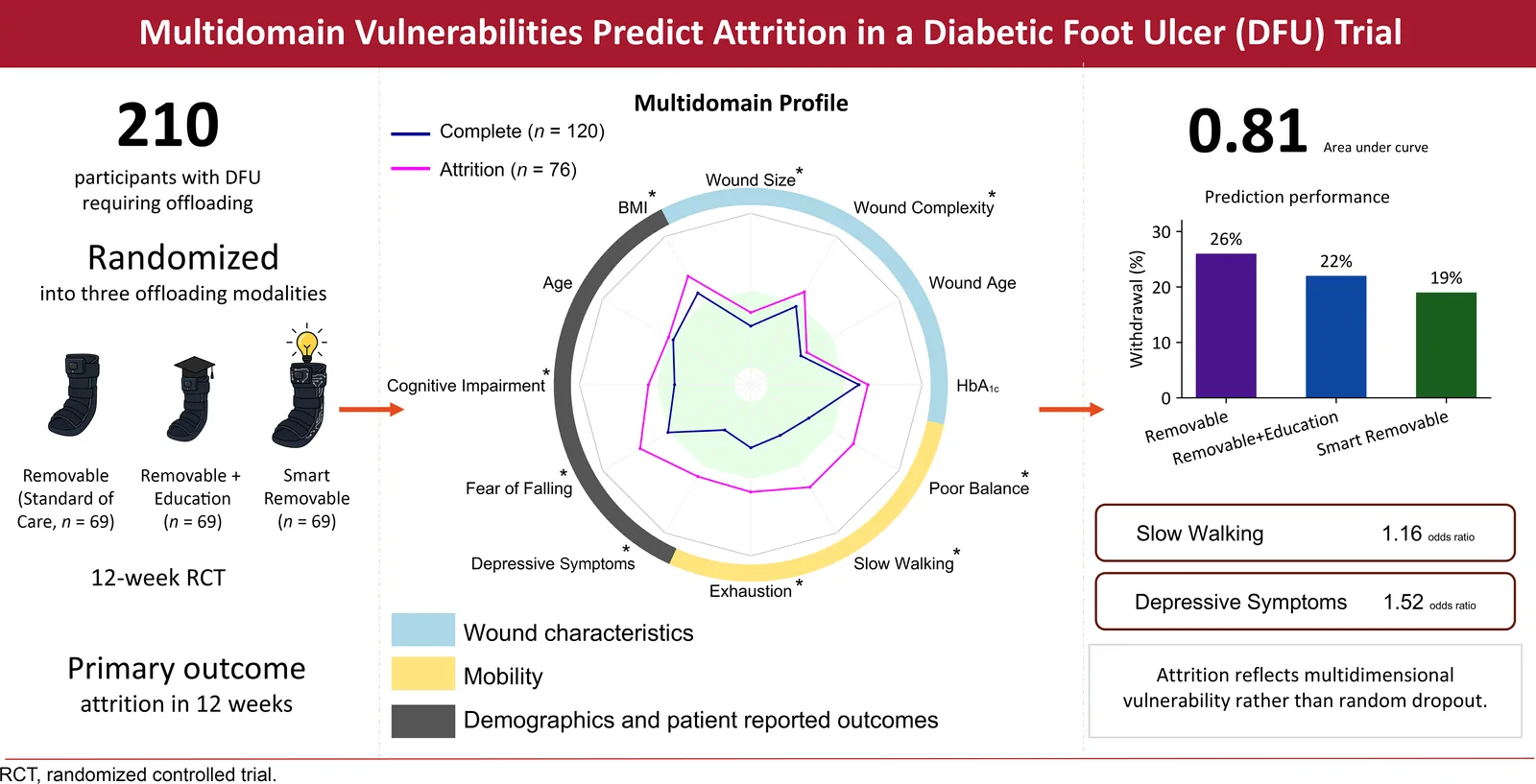 Diabetic foot ulcer trial attrition is summarised through trial design, multidomain vulnerability, and prediction performance. The study includes 210 participants randomised to removable, removable plus education, and smart removable offloading groups. The radar chart compares complete and attrition groups across wound, mobility, demographic, and patient-reported measures. Prediction performance reports 0.81 area under curve, withdrawal rates of 26 per cent, 22 per cent, and 19 per cent, and odds ratios for slow walking and depressive symptoms.