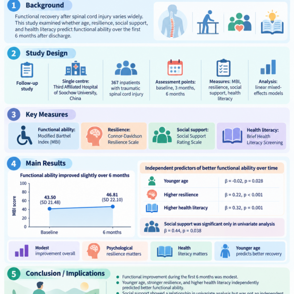 创伤性脊髓损伤后功能恢复受哪些因素影响？——6个月随访研究揭示年龄、韧性与健康素养的作用