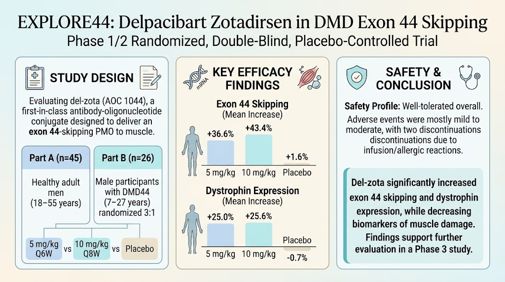 Safety and Efficacy of Delpacibart Zotadirsen in Duchenne Muscular Dystrophy Amenable to Exon 44 Skipping: Insights from the EXPLORE44 Phase 1/2 Trial