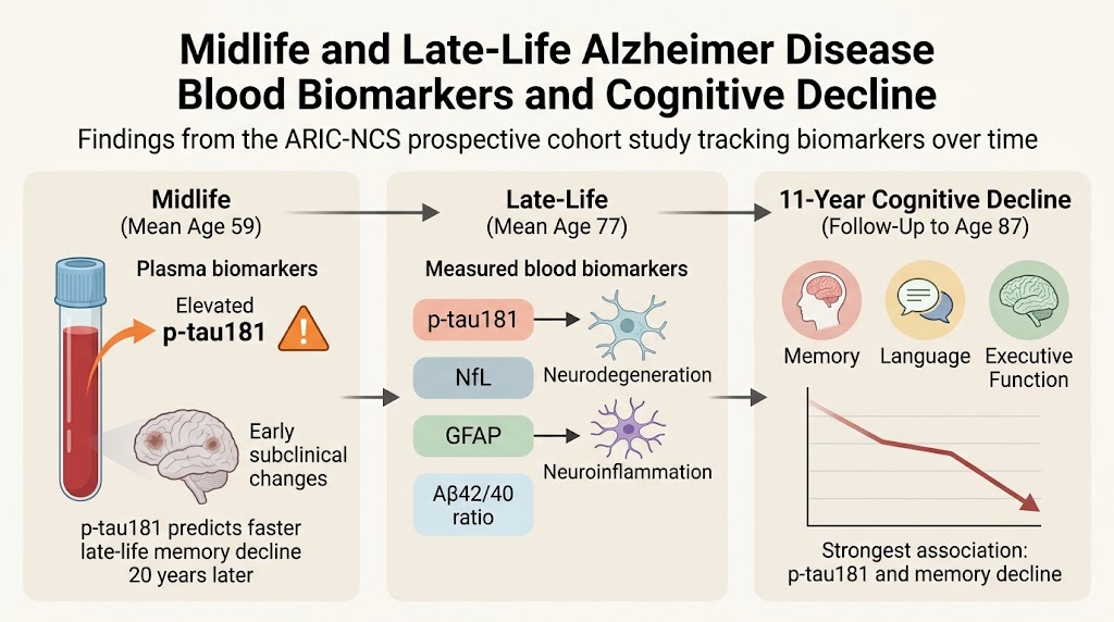 Predictive Value of Midlife and Late-Life Blood Biomarkers for Alzheimer’s Disease and Long-Term Cognitive Decline