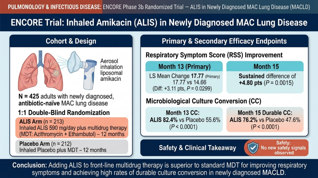 新規診断の Mycobacterium avium complex 肺疾患に対する Amikacin Liposome Inhalation Suspension：第3b相 ENCORE試験